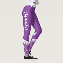 Leggings Lavanda oscura franjas blancas florales y nombre m
