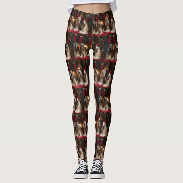 Leggings Lebrel afgano junto a la chimenea Navidad (Anverso)