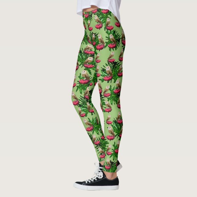 Leggings Lechuzas De Barn, Hojas Y Flores De Lotus Rosa, (Izquierda)