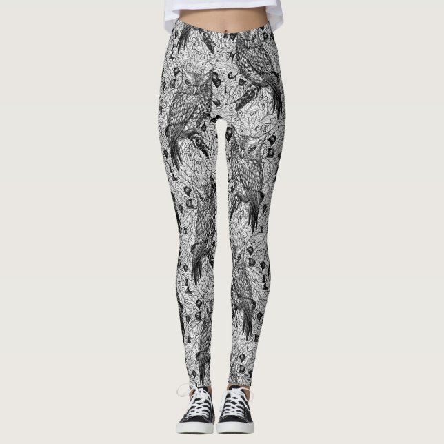 Leggings Lechuzas en el roble, negro y blanco (Anverso)
