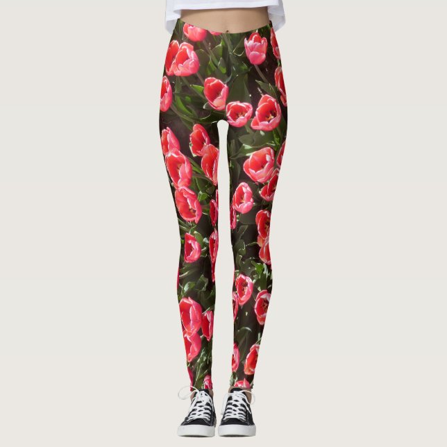Leggings Legado del patrón de tulipanes rojos (Anverso)