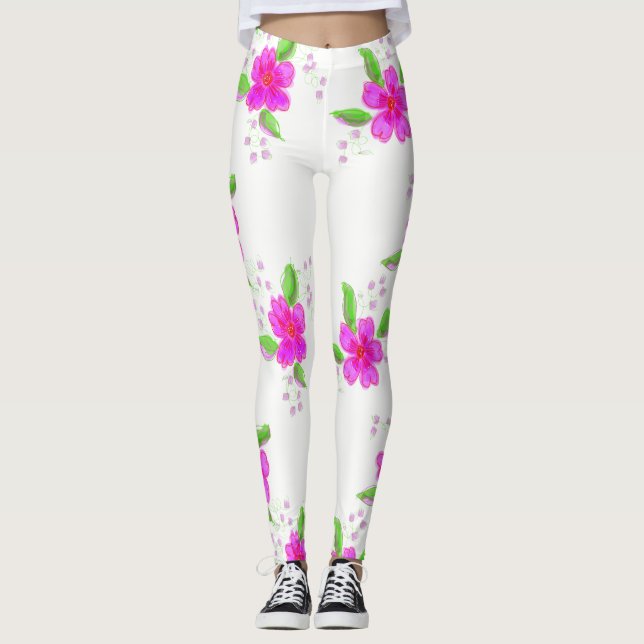 Leggings Leggencias blancas con impresión de flores rosadas (Anverso)