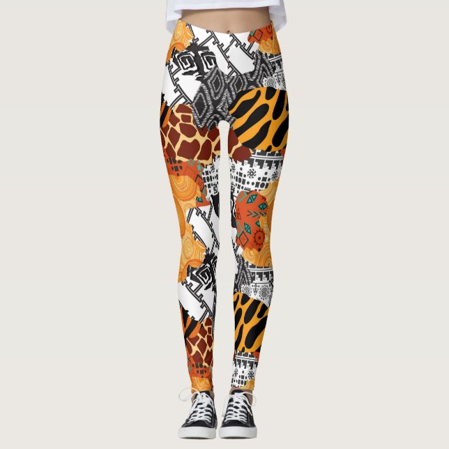Leggings Leggencias de diseño blanco y naranja de animales (Anverso)