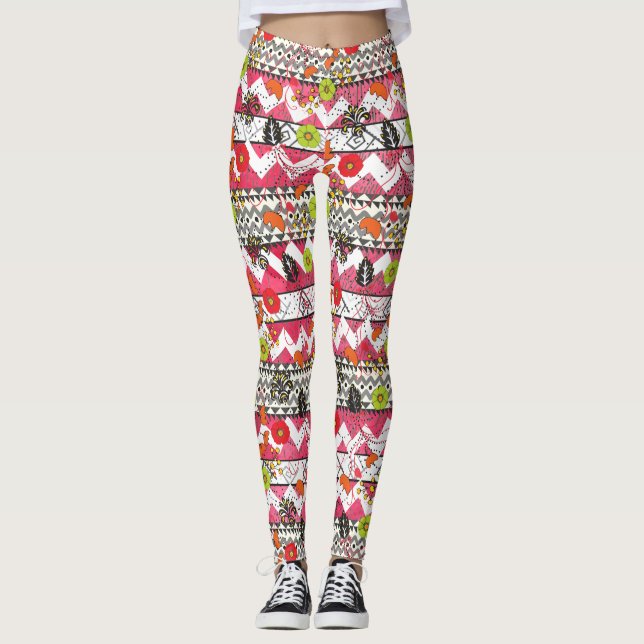 Leggings Leggencias de patrón azteca floral rosa y negra (Anverso)