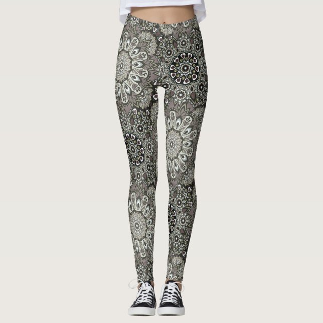 Leggings Leggencias del patrón de Mandala negro gris boho (Anverso)