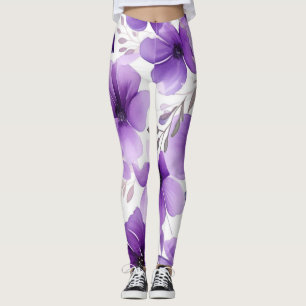 Leggings Leggencias florales modernas en blanco y morado