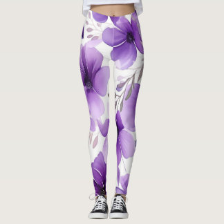 Leggings Leggencias florales modernas en blanco y morado