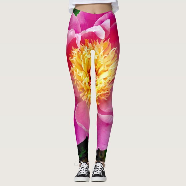 Leggings Leggencias florales rosadas y amarillas de Dahlia (Anverso)
