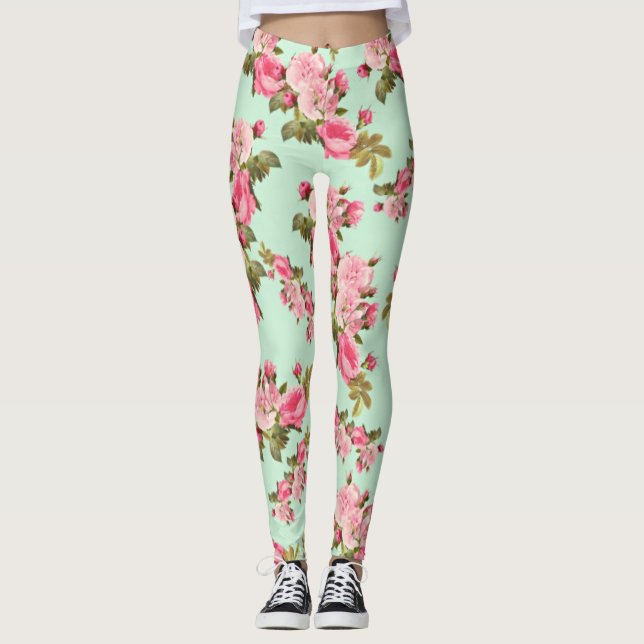 Leggings Leggencias florales rosas y verdes de estilo vinta (Anverso)