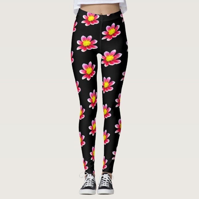 Leggings Leguas negras de impresión floral de Dahlia rosa (Anverso)