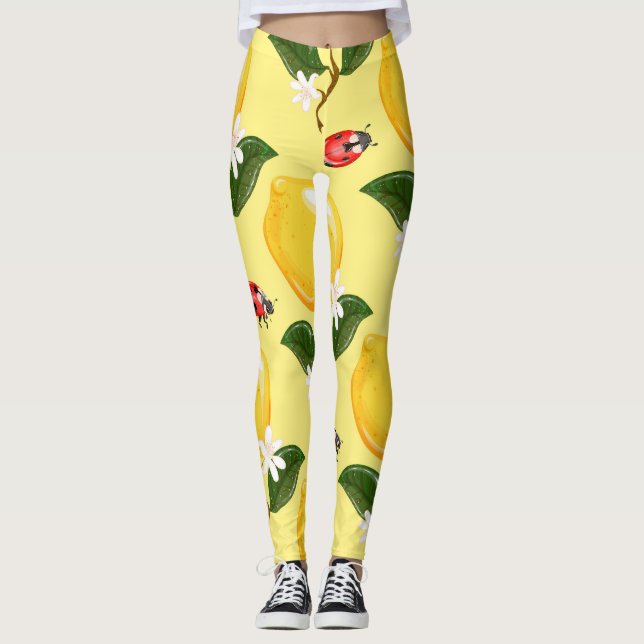 Leggings Lemon Ladybug: Patrón amarillo tropical. (Anverso)