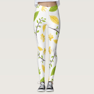 Leggings Leña blanca con hojas verdes y flor amarilla