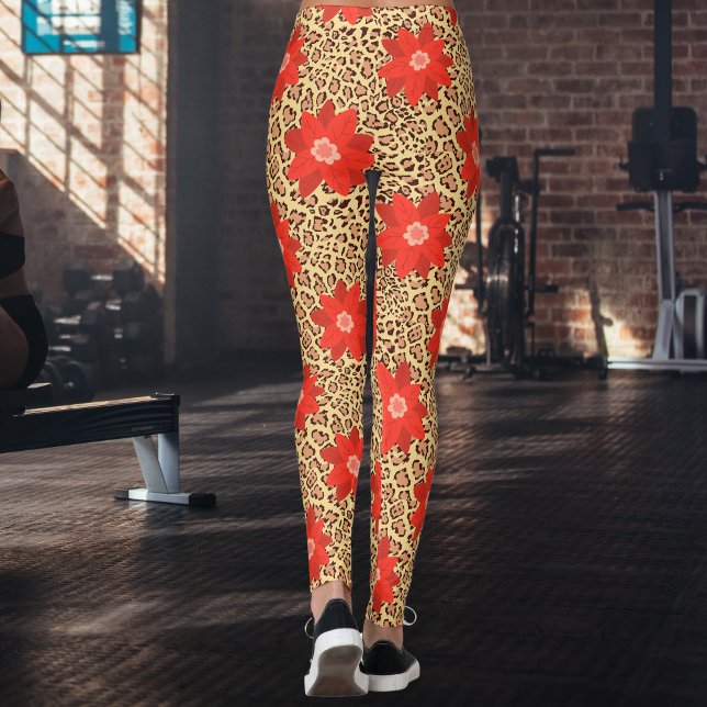 Leggings Leopardo de lujo exótico con flor roja Imprimir (Subido por el creador)