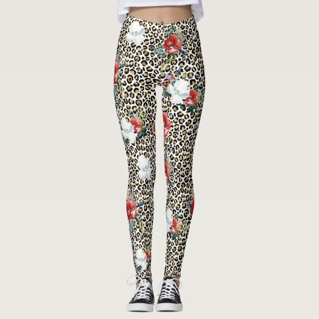 Leggings Leopardo dorado impreso rojo blanco floral (Anverso)