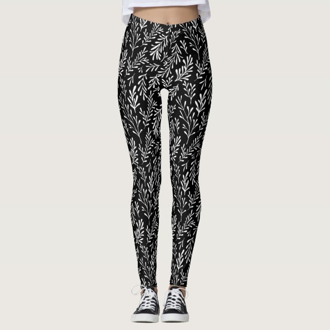 Leggings Letreras de mujeres de hoja blanca negra (Anverso)