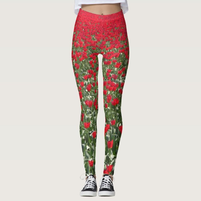 Leggings Leyenda de campo de tulipanes rojos brillante (Anverso)