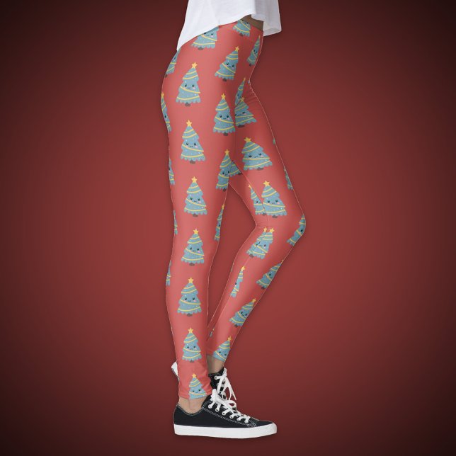 Leggings Leyenda roja con árbol de Navidad kawaii (Red Legging with Kawaii Christmas Tree)