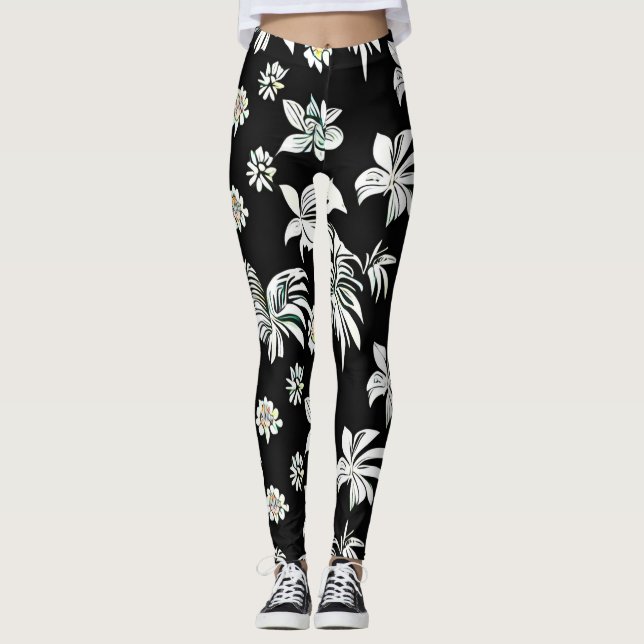 Leggings Leyendas con flores de estilo blanco y negro (Anverso)