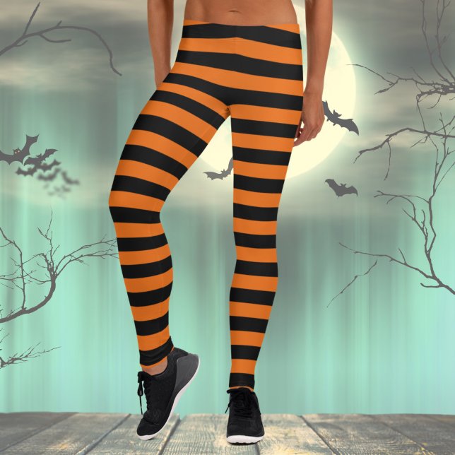 Leggings Leyendas de disfraces de Naranja y negro de Hallow (Womens Black and Orange Striped Halloween Costume Leggings, Witch Leggings, Fall leggings)