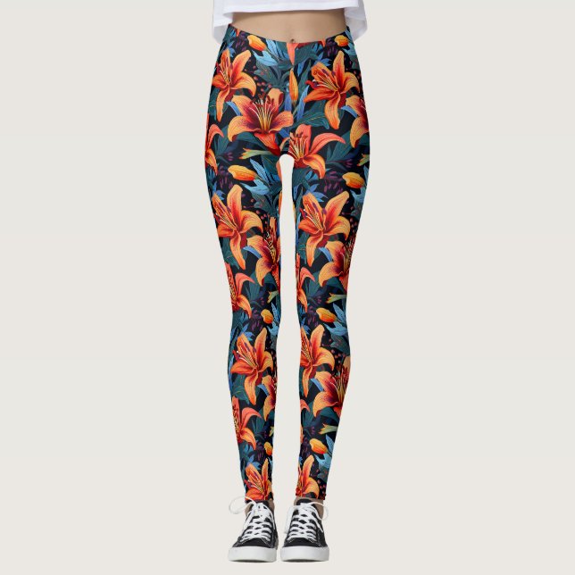 Leggings Leyendas de flores de leña de tigre rojo artístico (Anverso)