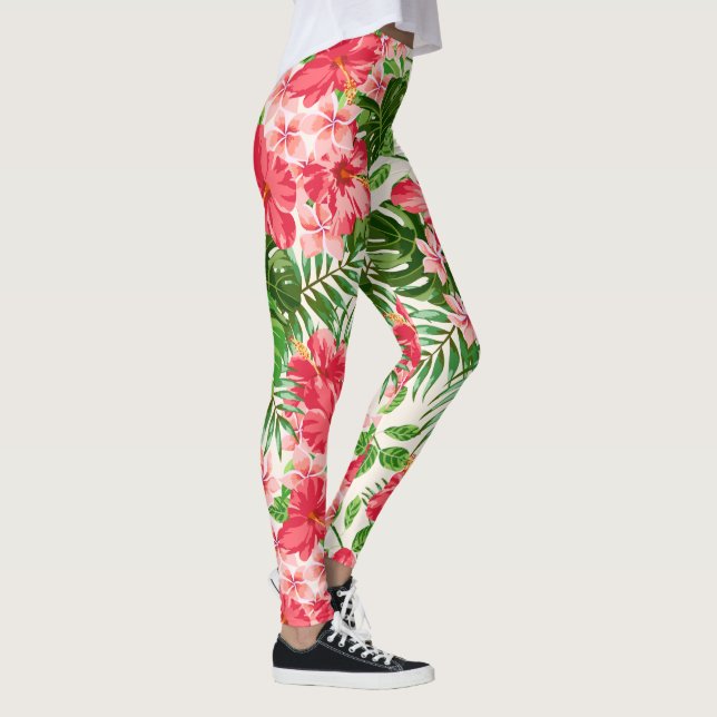 Leggings Leyendas de fondo blanco de flores rojas hibiscus (Derecha)