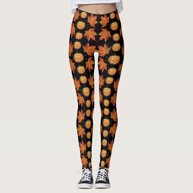 Leggings Leyendas de Halloween negras con calabaza y hojas (Anverso)
