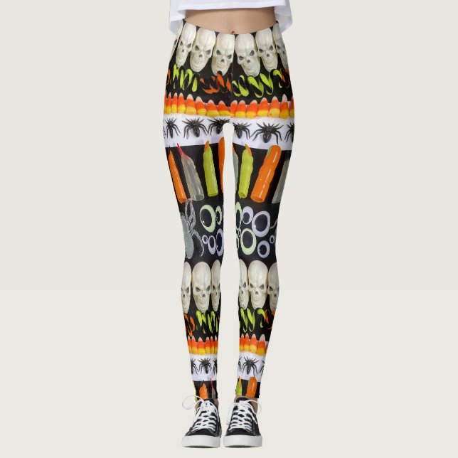 Leggings Leyendas de Halloween - Rayas de calaveras, arañas (Anverso)