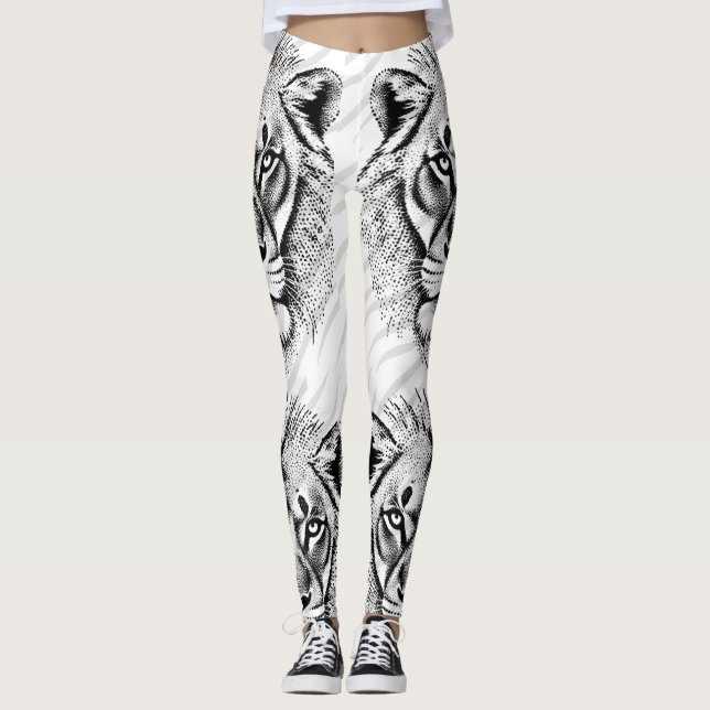 Leggings Leyendas de impresión de león blanco negro (Anverso)