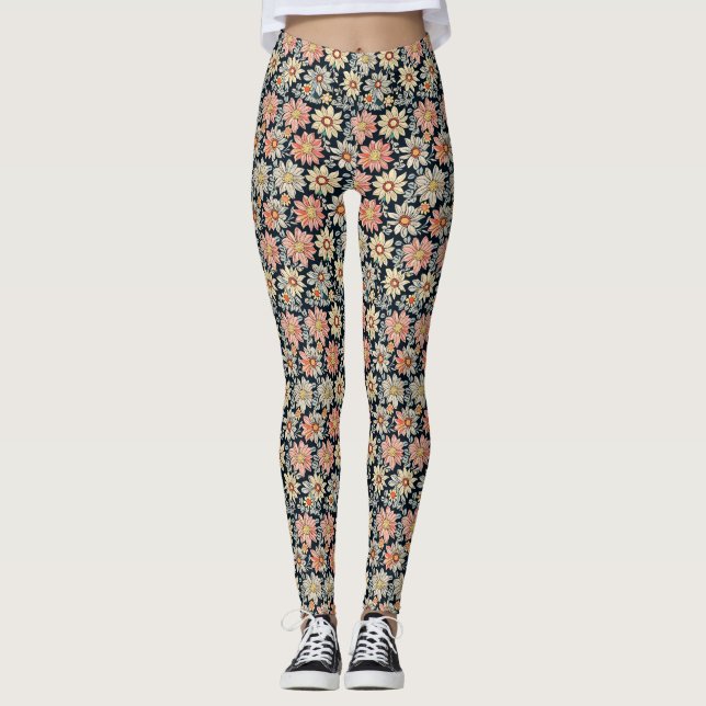 Leggings Leyendas de impresión de margarita floral retro (Anverso)