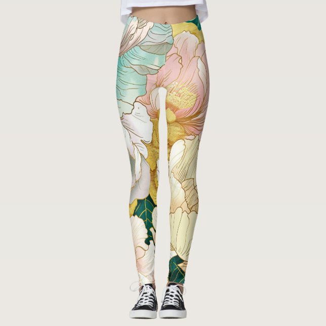 Leggings Leyendas de oro turquesa floral japonesa (Anverso)