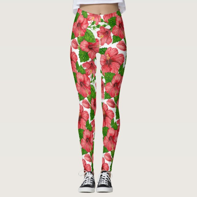 Leggings Leyendas de patrón de acuarela de hibiscos rojos (Anverso)