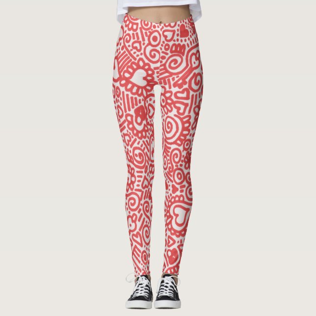 Leggings Leyendas De Patrón De Doodle Rojo Y Blanco (Anverso)
