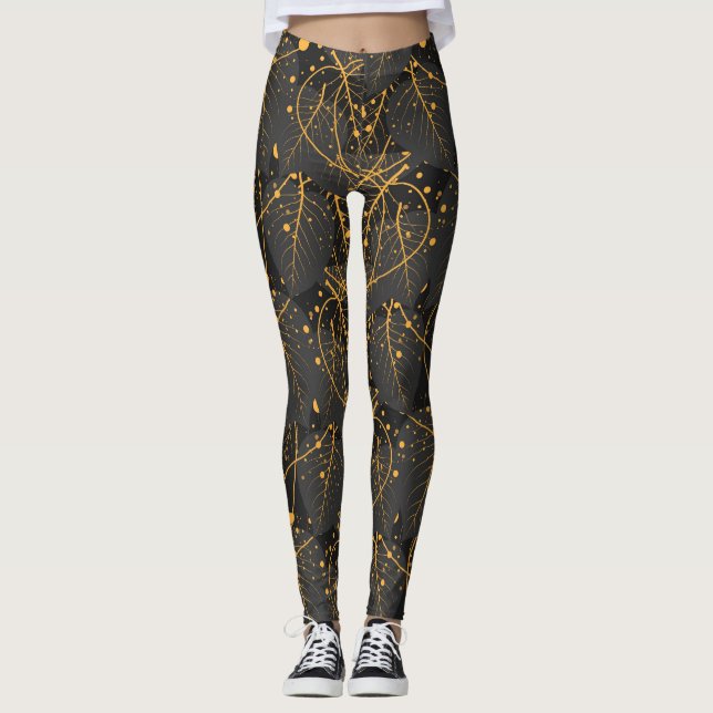 Leggings Leyendas de patrón de hojas doradas (Anverso)
