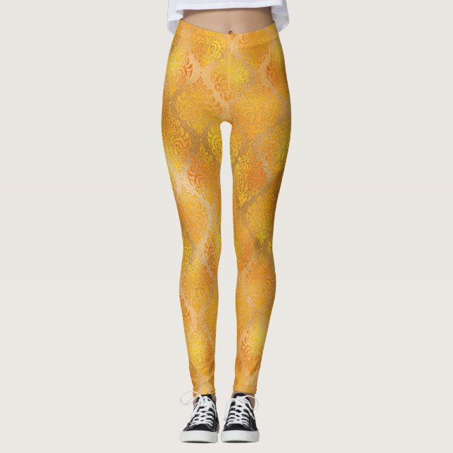 Leggings Leyendas del Mardi Gras, patrón de Damasco dorado (Anverso)
