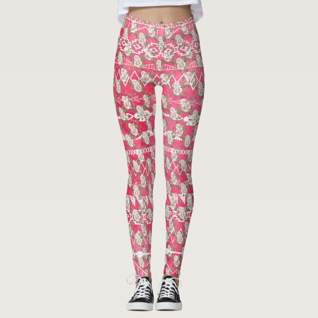 Leggings Leyendas del patrón azteca rosa floral rosa rosa (Anverso)