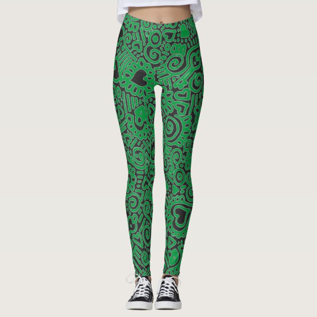 Leggings Leyendas del patrón de doodle verde (Anverso)