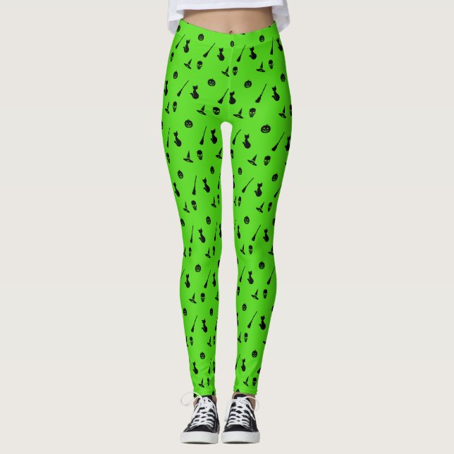Leggings Leyendas del patrón de Halloween con verde negro (Anverso)