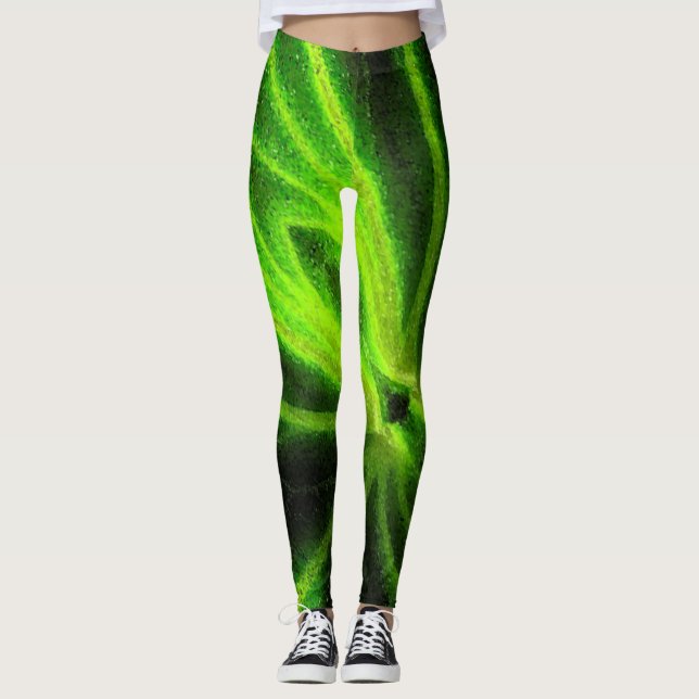 Leggings Leyendas del patrón de resumen verde negro neón (Anverso)