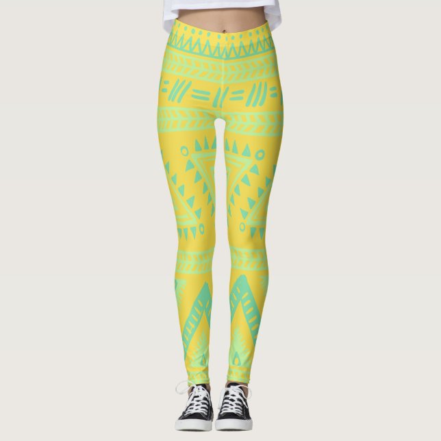 Leggings Leyendas del patrón tribal de Aqua amarillo (Anverso)