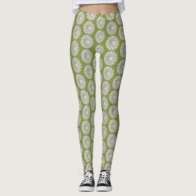 Leggings Leyendas - Espiral cruzada en verde sobre blanco (Anverso)