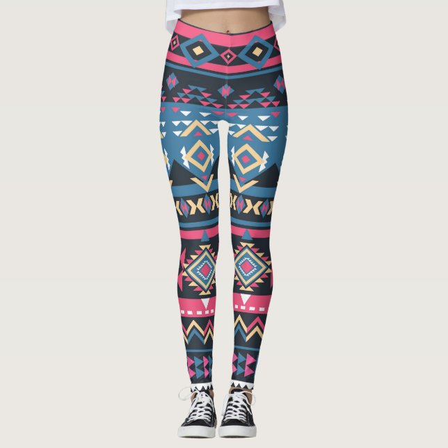 Leggings Leyendas femeninas del patrón azul azteca (Anverso)