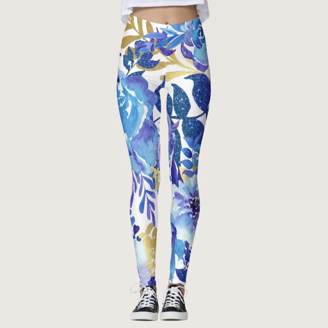 Leggings Leyendas florales azules y doradas (Anverso)