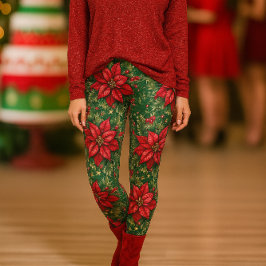 Leggings Leyendas florales de la Poinsettia Roja Verde navi