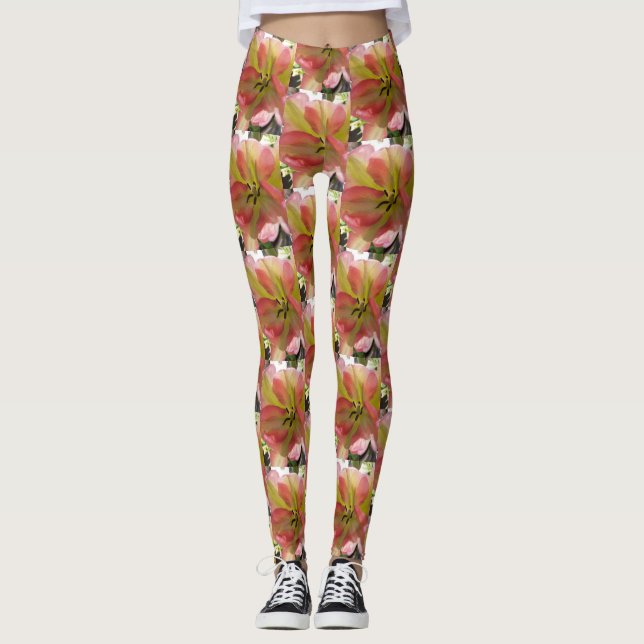 Leggings Leyendas florales de tulipanes rosados y amarillos (Anverso)