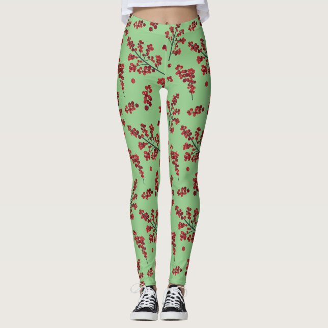 Leggings Leyendas ilustradas de Red Holly Berries (Anverso)
