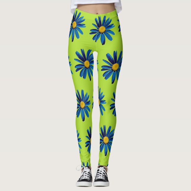 Leggings Lime Green & Blue Daisies Pop Art (Anverso)
