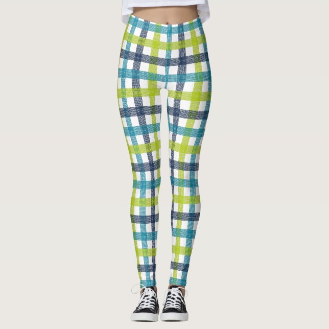 Leggings Lime Green, Naval y Turquesa Blue Plaid (Anverso)