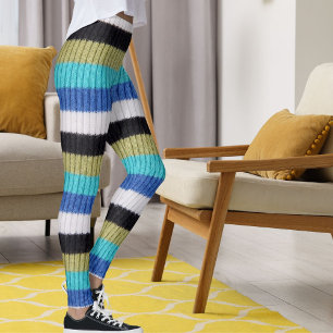 Leggings Lindo patrón tejido de rayas azules marrones negra
