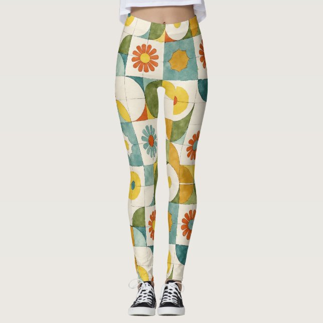 Leggings Líneas curvadas, círculos, patrón de flor estiliza (Anverso)