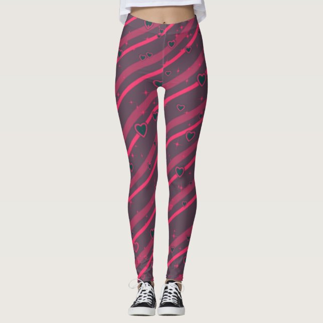 Leggings Líneas púrpura y rosada y corazones (Anverso)